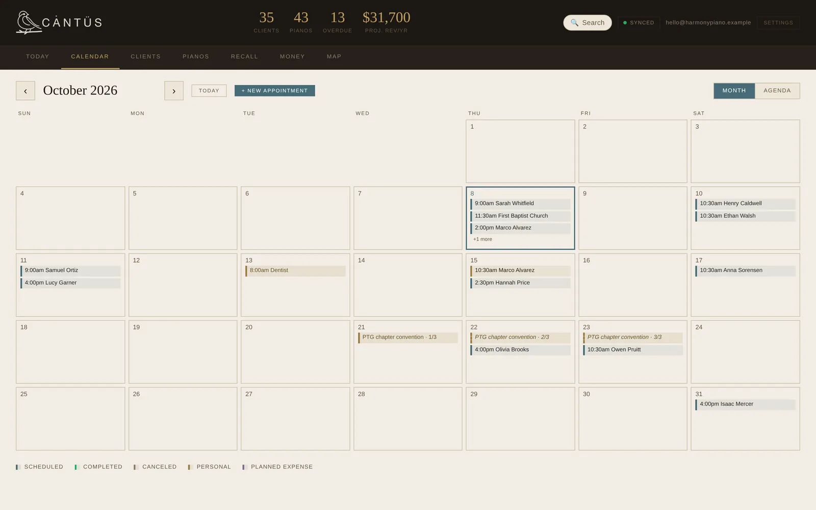 The Cantus calendar for October, showing appointments, a booking request and a three-day convention