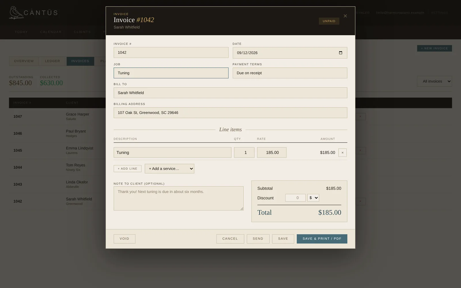 An invoice open in Cantus with line items, discount and total