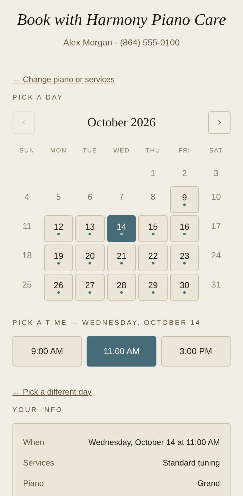 The booking page: picking a date and time