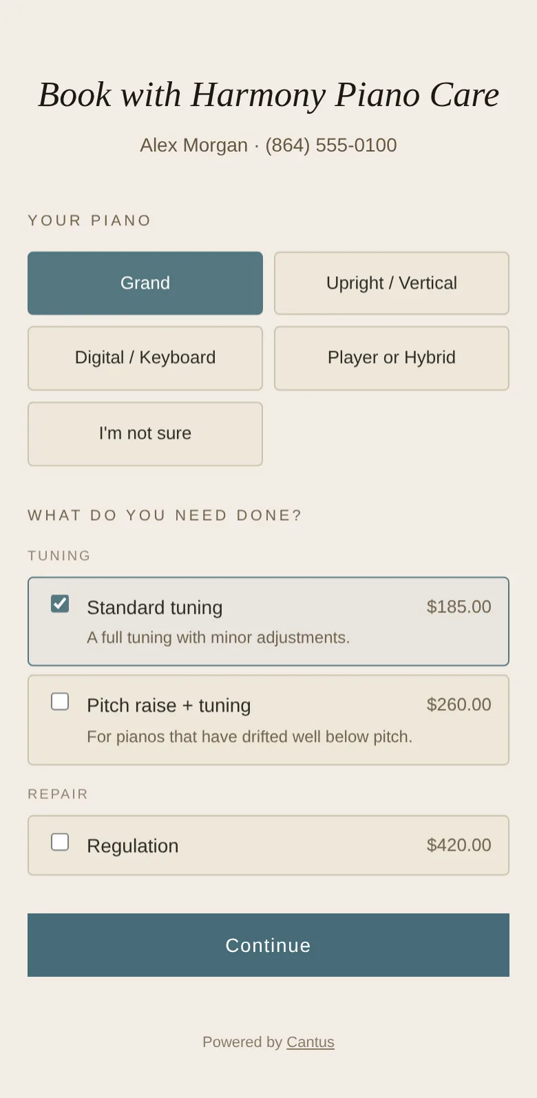 The booking page: choosing a piano and services