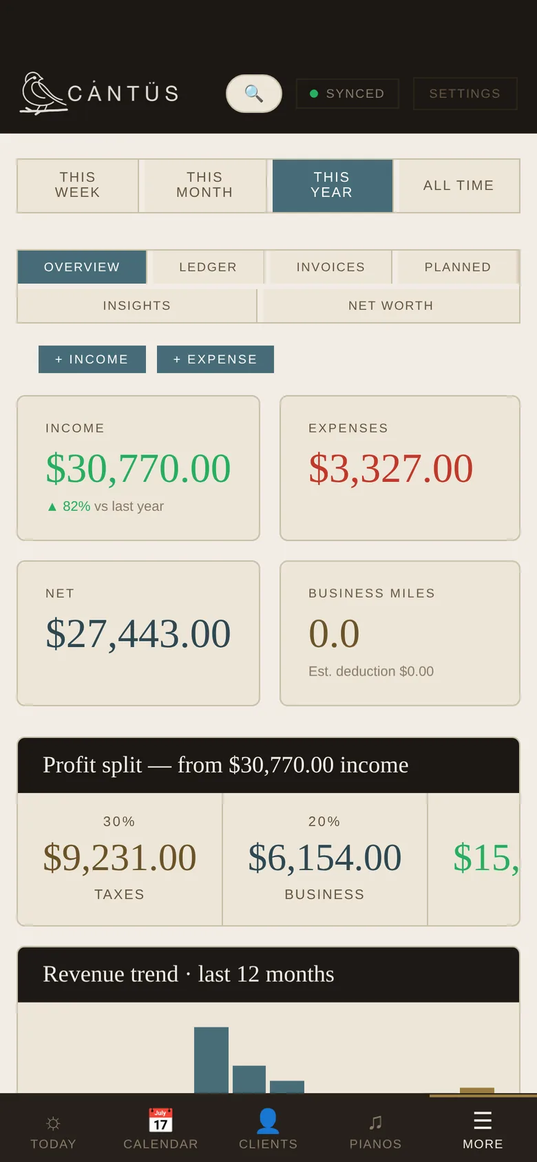 The Money screen on a phone with the year’s income, expenses and net