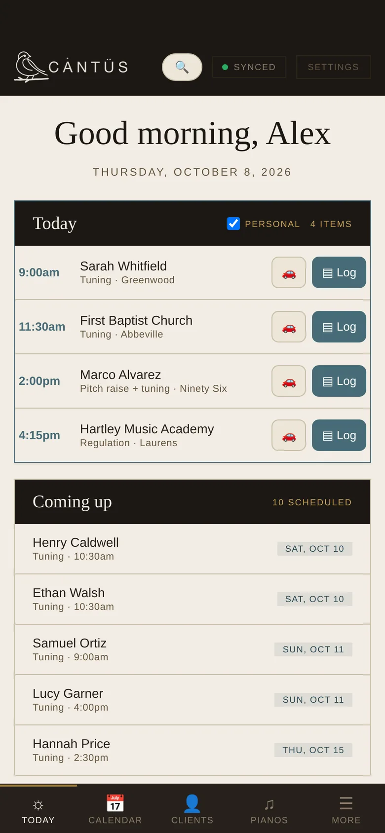 The Cantus Today screen on an iPhone, listing the day’s four appointments